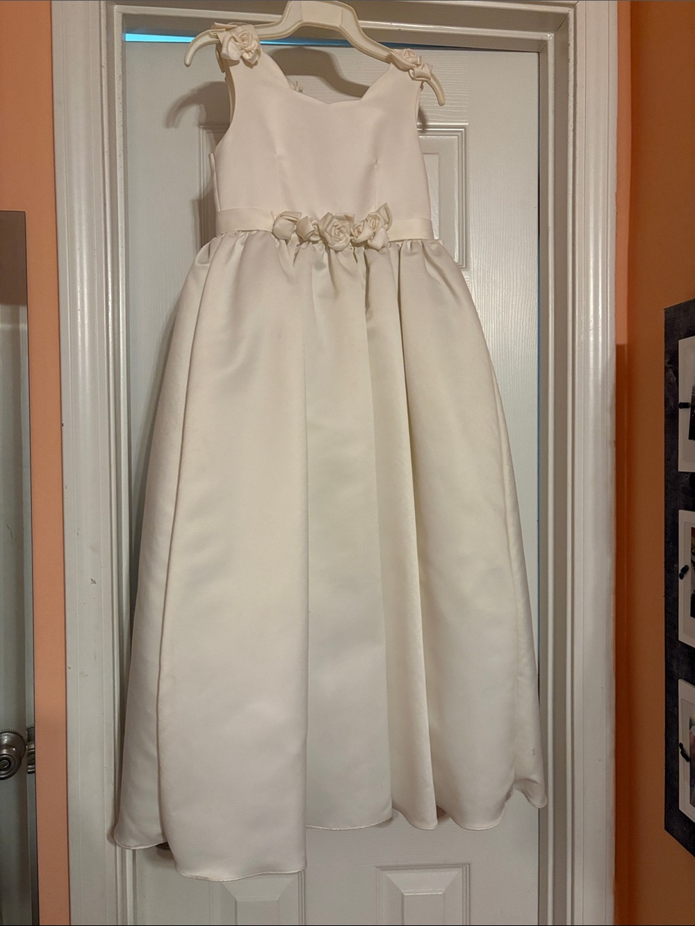 Mon Cheri Satin Ivory Flower-Appliqué Formal Dress
